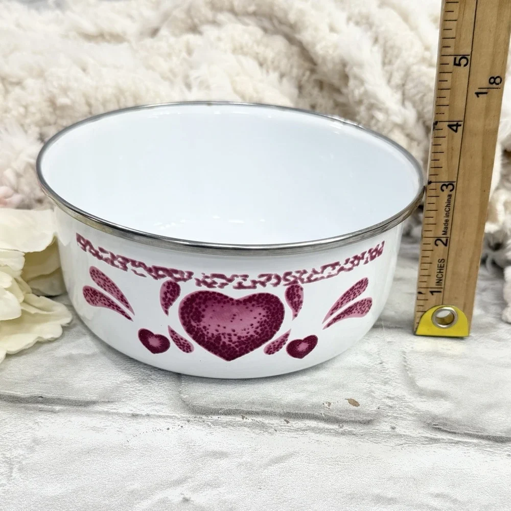 Vtg Pink & White Sponge Heart Enamel Mixing Nesting Bowl Set Of 3 Farmhouse Nice